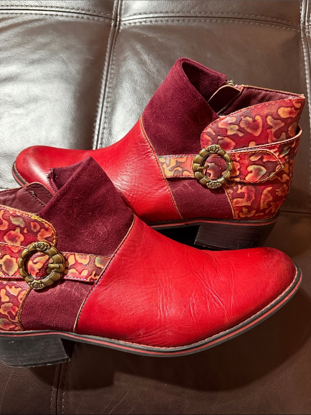 Women Red Mixed-Material Ankle Booties with Decorative Buckle